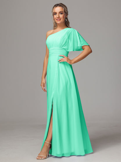 One Shoulder Chiffon Bridesmaid Dresses With Slit
