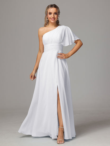 One Shoulder Chiffon Bridesmaid Dresses With Slit