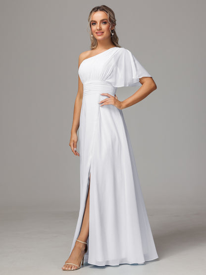 One Shoulder Chiffon Bridesmaid Dresses With Slit