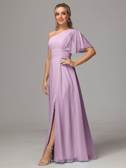 One Shoulder Chiffon Bridesmaid Dresses With Slit