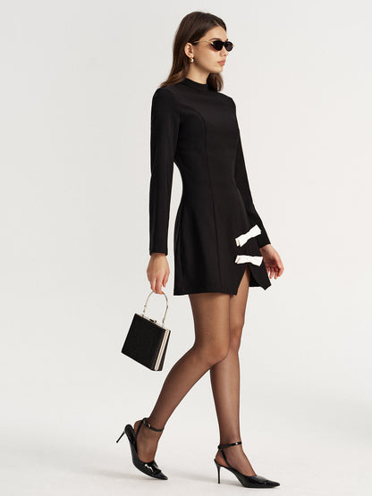Contrast Bow Slit Mock Neck Mini Dress