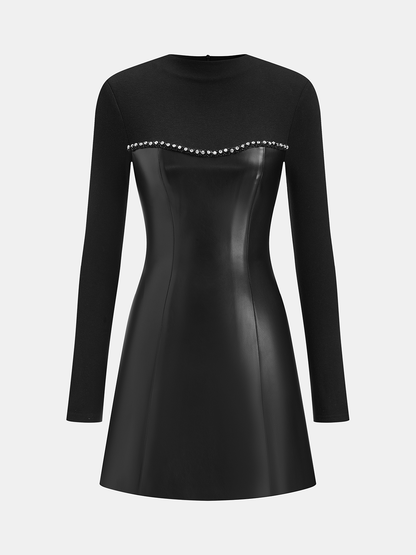Faux Leather Panel Long Sleeve Rhinestone Trim Mini Dress