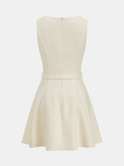 Tweed Sleeveless V-Neck Belted Mini Dress
