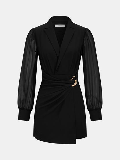 Sheer-Sleeve Metal Buckle Blazer Dress
