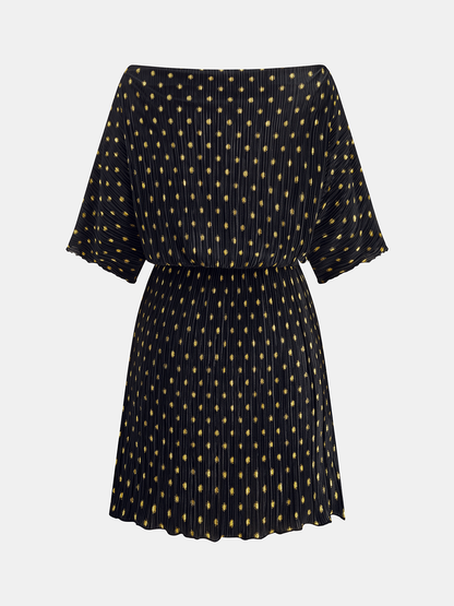 Off-Shoulder Polka Dot Pleated Mini Dress