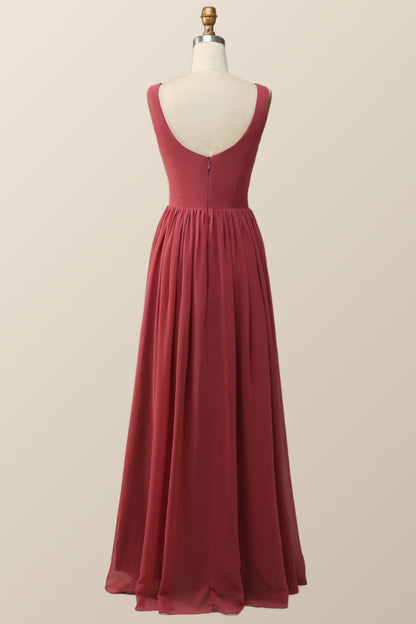 Pleated Terracotta Empire Chiffon Long Bridesmaid Dress
