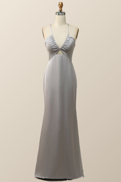 Straps V Neck Grey Boho Long Bridesmaid Dress