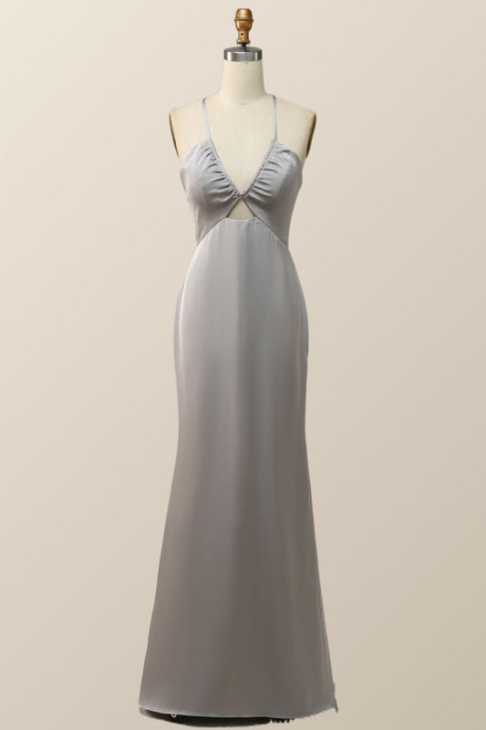 Straps V Neck Grey Boho Long Bridesmaid Dress