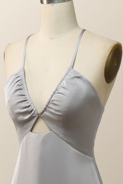Straps V Neck Grey Boho Long Bridesmaid Dress
