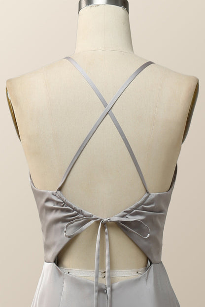 Straps V Neck Grey Boho Long Bridesmaid Dress