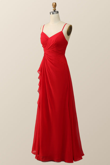 Straps Red Twisted Chiffon Long Bridesmaid Dress