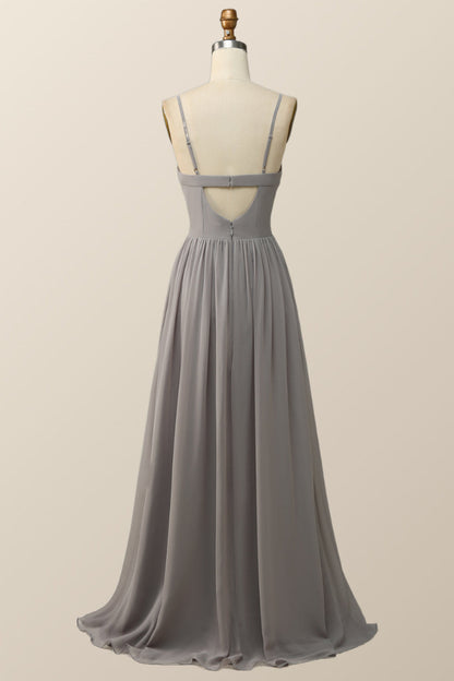 Straps Grey Chiffon A-line Long Bridesmaid Dress