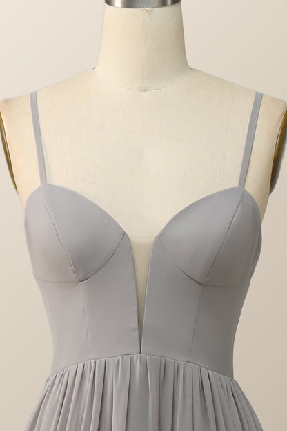 Straps Grey Chiffon A-line Long Bridesmaid Dress