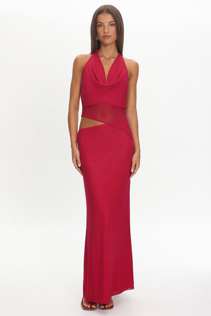 Playing Games Cut-Out Cowl Halter Dress Berry