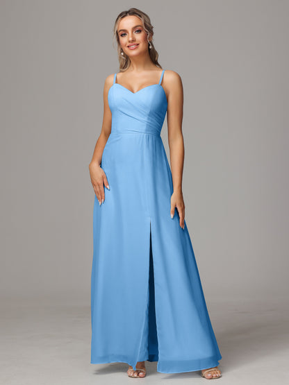 Spaghetti Straps Sweetheart Chiffon Bridesmaid Dress With Slit
