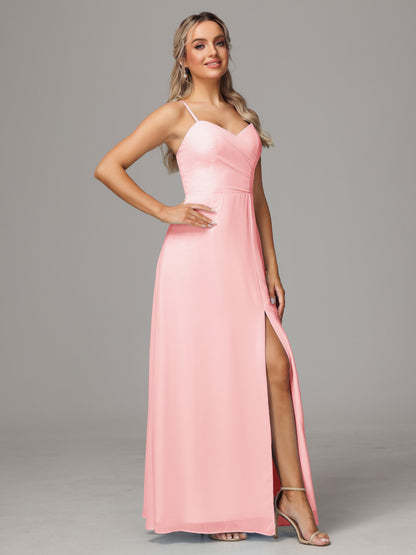 Spaghetti Straps Sweetheart Chiffon Bridesmaid Dress With Slit