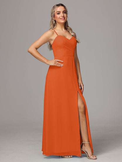 Spaghetti Straps Sweetheart Chiffon Bridesmaid Dress With Slit