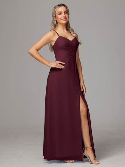 Spaghetti Straps Sweetheart Chiffon Bridesmaid Dress With Slit