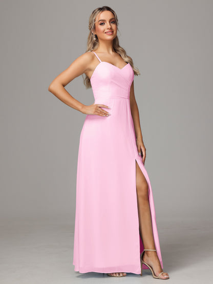 Spaghetti Straps Sweetheart Chiffon Bridesmaid Dress With Slit