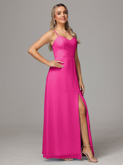 Spaghetti Straps Sweetheart Chiffon Bridesmaid Dress With Slit