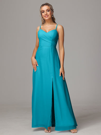 Spaghetti Straps Sweetheart Chiffon Bridesmaid Dress With Slit