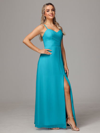 Spaghetti Straps Sweetheart Chiffon Bridesmaid Dress With Slit