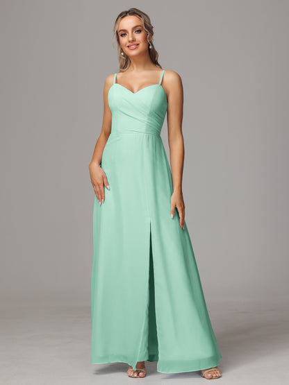 Spaghetti Straps Sweetheart Chiffon Bridesmaid Dress With Slit
