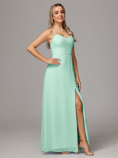 Spaghetti Straps Sweetheart Chiffon Bridesmaid Dress With Slit