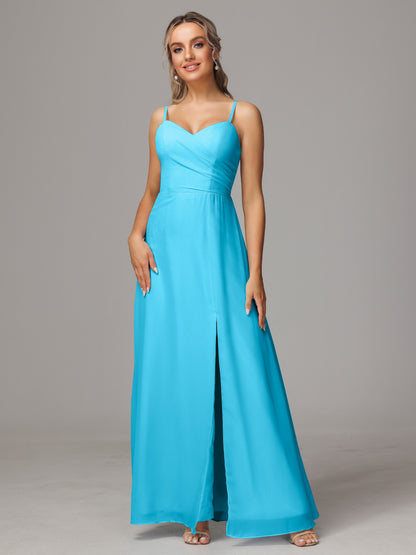 Spaghetti Straps Sweetheart Chiffon Bridesmaid Dress With Slit