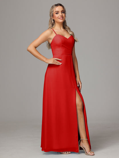 Spaghetti Straps Sweetheart Chiffon Bridesmaid Dress With Slit