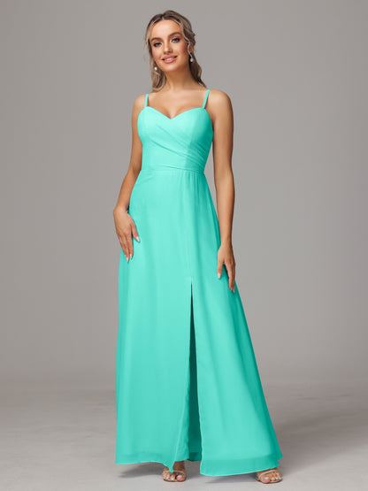 Spaghetti Straps Sweetheart Chiffon Bridesmaid Dress With Slit