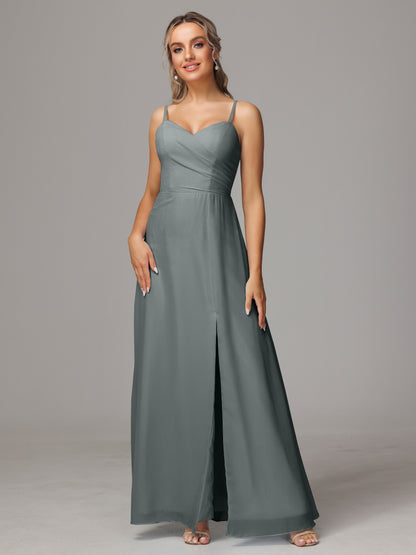 Spaghetti Straps Sweetheart Chiffon Bridesmaid Dress With Slit