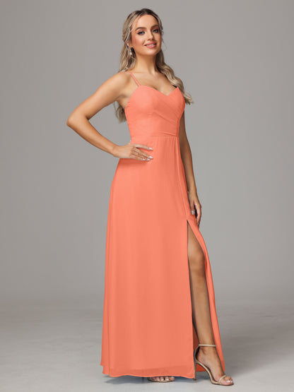 Spaghetti Straps Sweetheart Chiffon Bridesmaid Dress With Slit