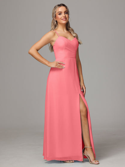 Spaghetti Straps Sweetheart Chiffon Bridesmaid Dress With Slit