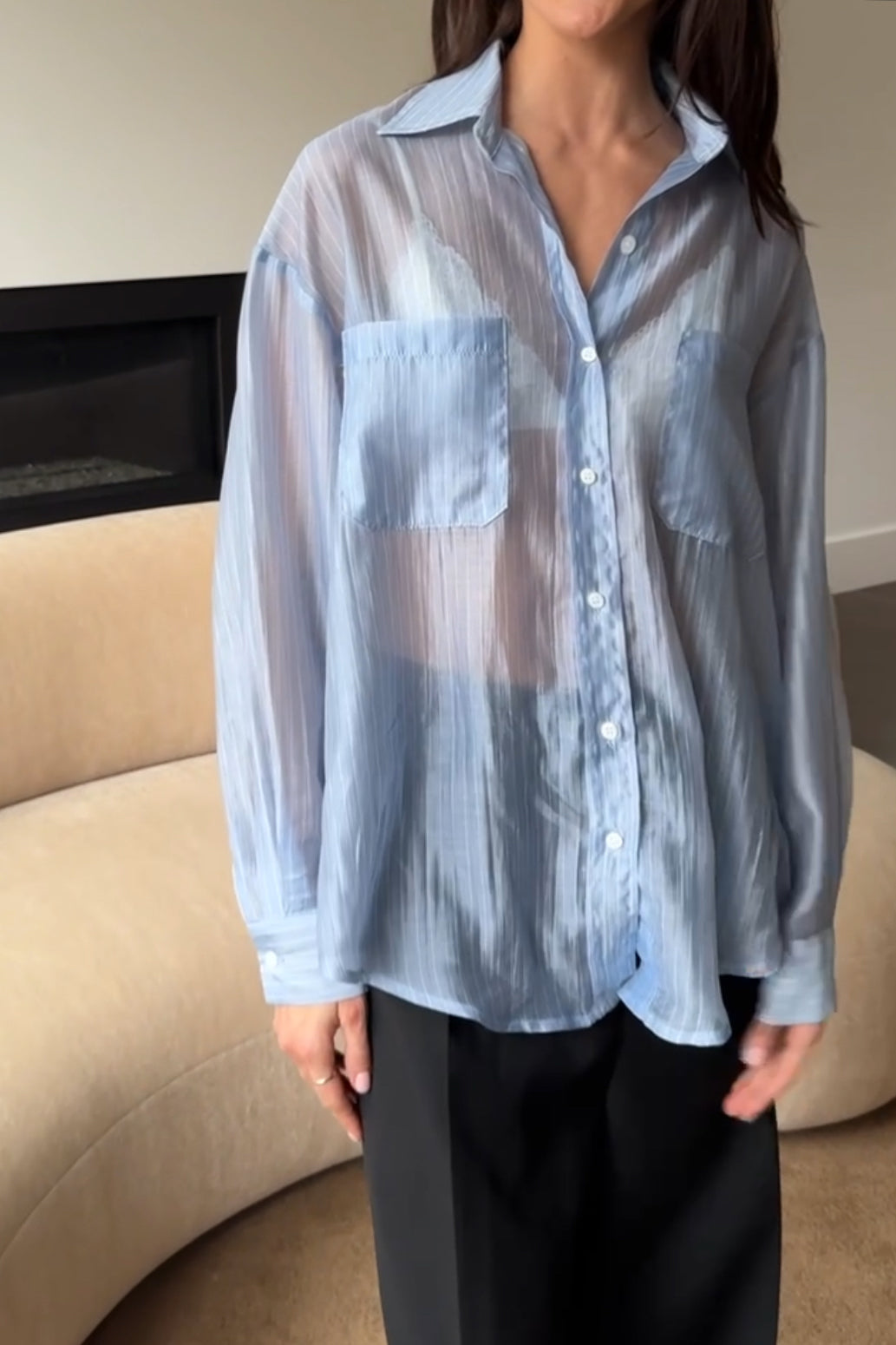 SHEER STRIPE TENCEL BUTTON UP SHIRT