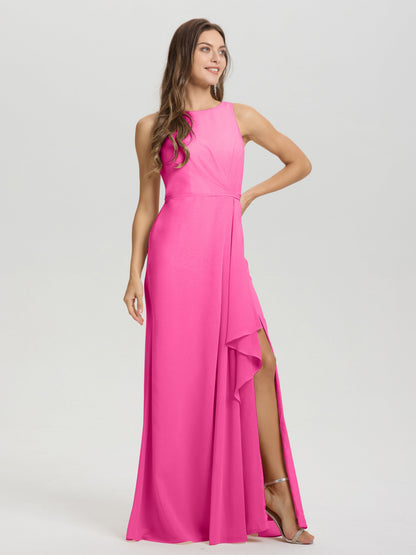 Boat Neck Sleeveless Ruffles Key Hole Back Chiffon Bridesmaid Dress
