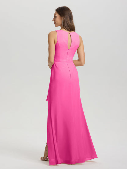 Boat Neck Sleeveless Ruffles Key Hole Back Chiffon Bridesmaid Dress
