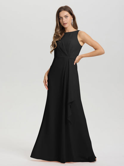 Boat Neck Sleeveless Ruffles Key Hole Back Chiffon Bridesmaid Dress