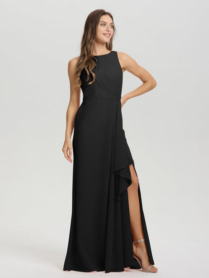 Boat Neck Sleeveless Ruffles Key Hole Back Chiffon Bridesmaid Dress