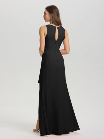 Boat Neck Sleeveless Ruffles Key Hole Back Chiffon Bridesmaid Dress