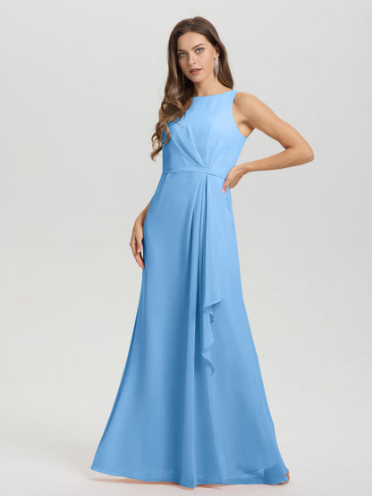 Boat Neck Sleeveless Ruffles Key Hole Back Chiffon Bridesmaid Dress