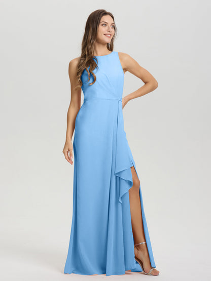 Boat Neck Sleeveless Ruffles Key Hole Back Chiffon Bridesmaid Dress