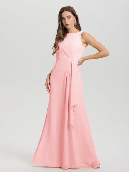 Boat Neck Sleeveless Ruffles Key Hole Back Chiffon Bridesmaid Dress
