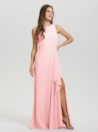 Boat Neck Sleeveless Ruffles Key Hole Back Chiffon Bridesmaid Dress