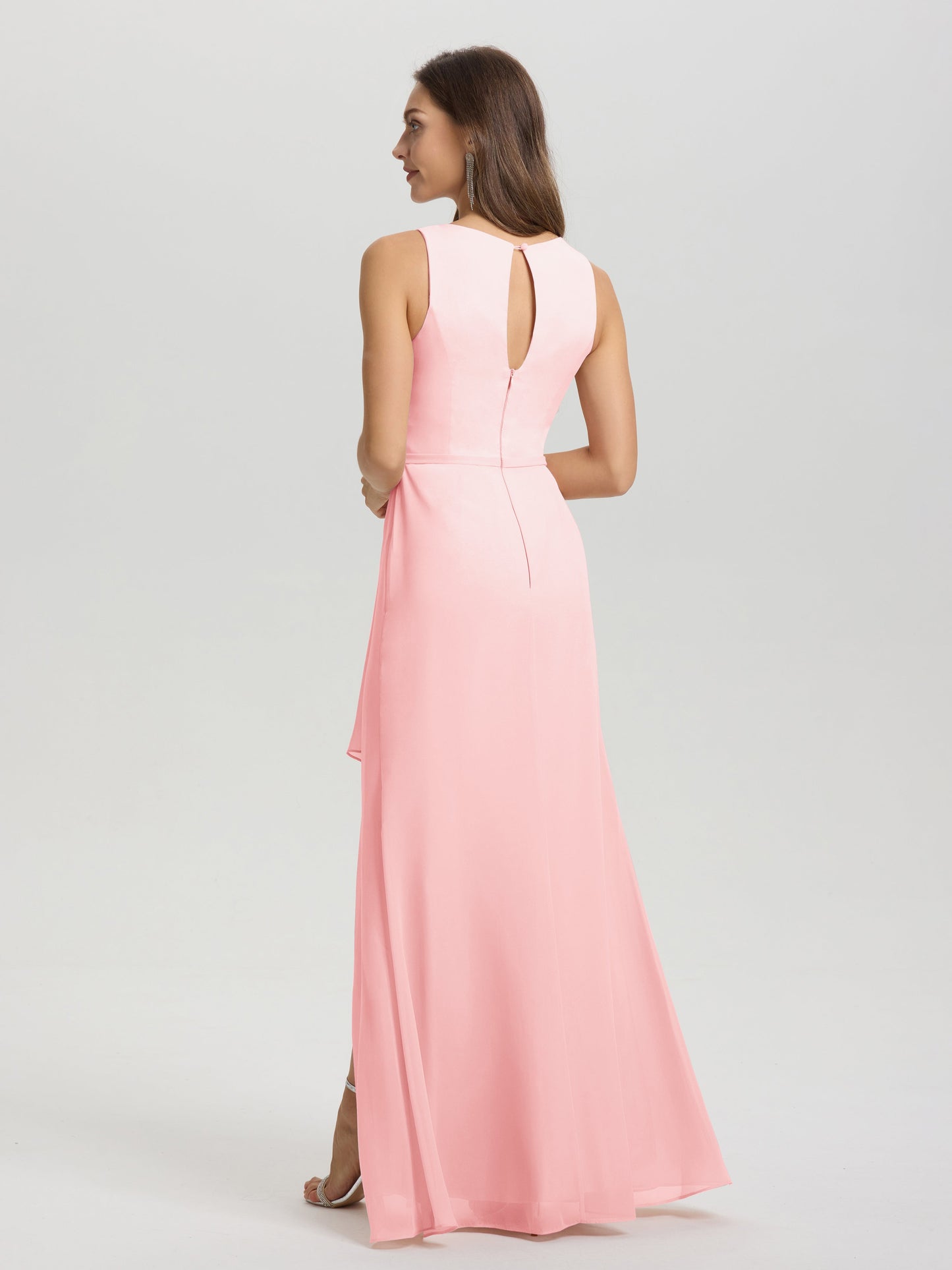 Boat Neck Sleeveless Ruffles Key Hole Back Chiffon Bridesmaid Dress