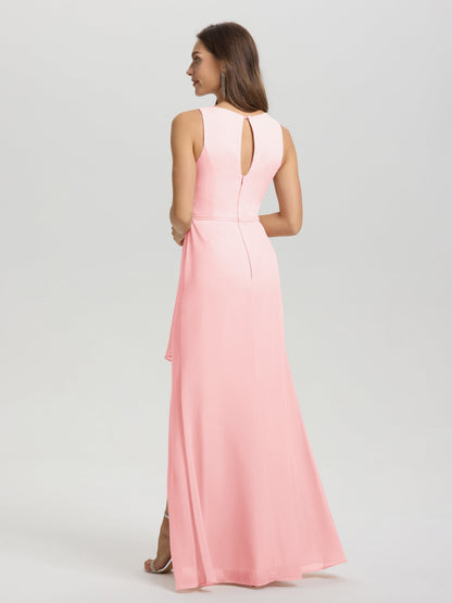 Boat Neck Sleeveless Ruffles Key Hole Back Chiffon Bridesmaid Dress