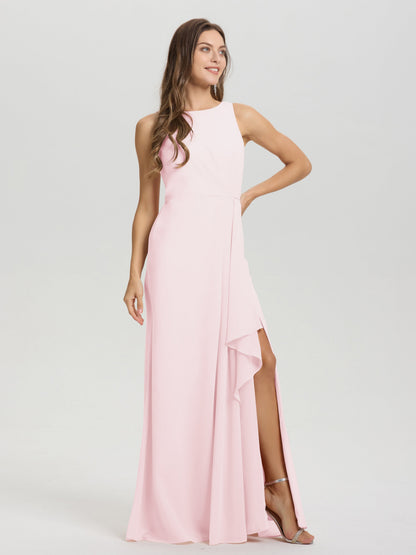 Boat Neck Sleeveless Ruffles Key Hole Back Chiffon Bridesmaid Dress