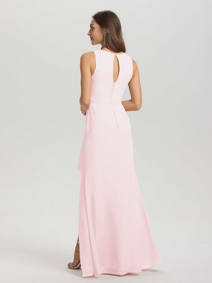 Boat Neck Sleeveless Ruffles Key Hole Back Chiffon Bridesmaid Dress