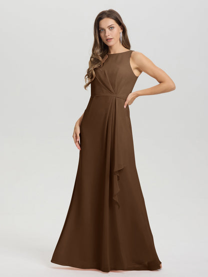Boat Neck Sleeveless Ruffles Key Hole Back Chiffon Bridesmaid Dress