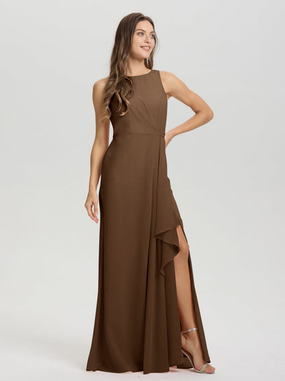 Boat Neck Sleeveless Ruffles Key Hole Back Chiffon Bridesmaid Dress